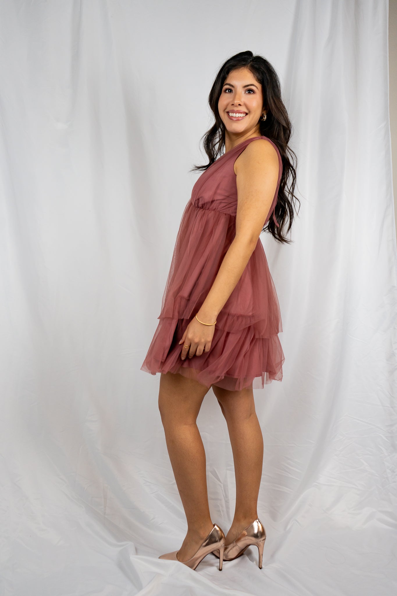 V-Neck Short Sleeve Layered Mesh Dress