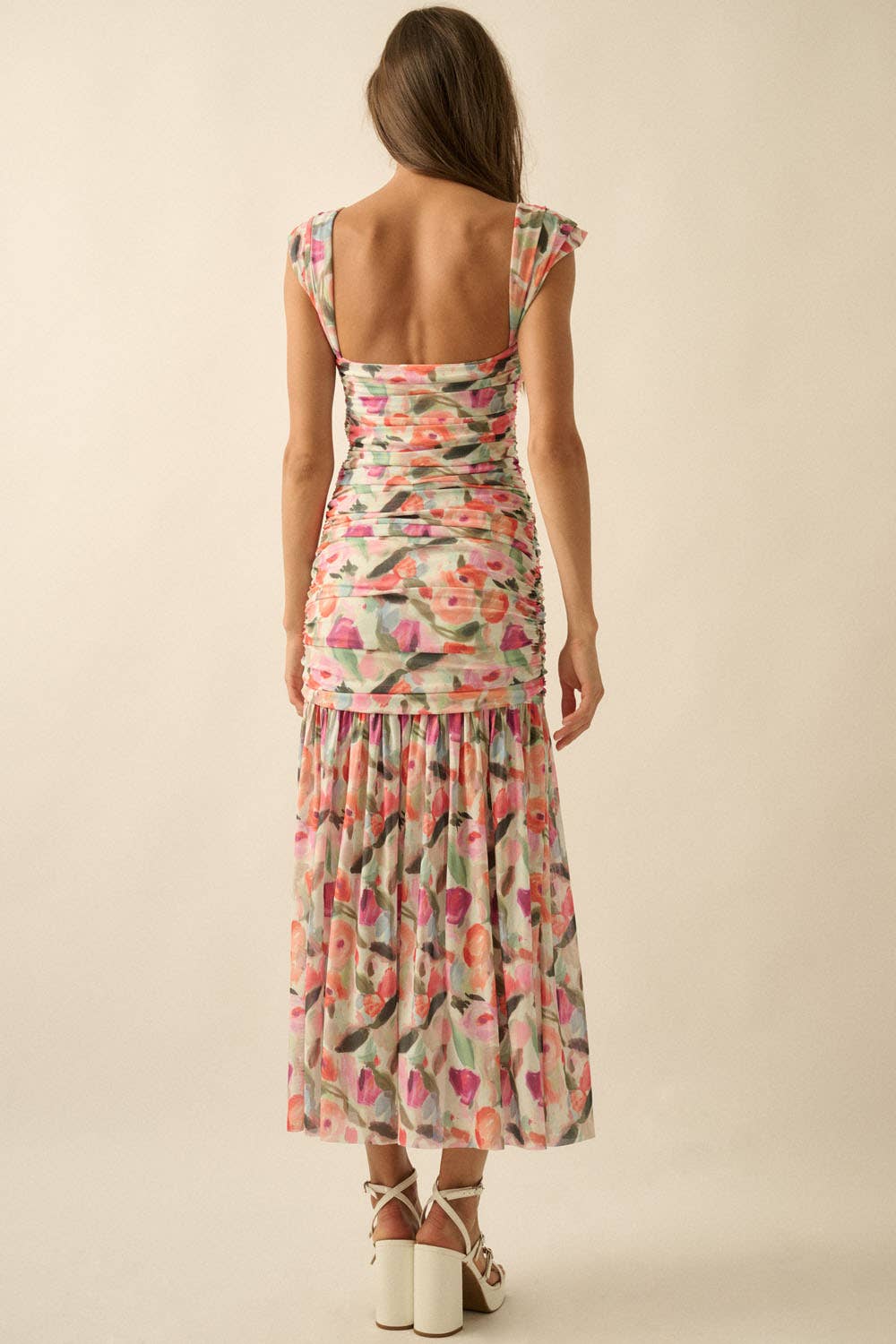 Floral Ruched Drop-Waist Dress