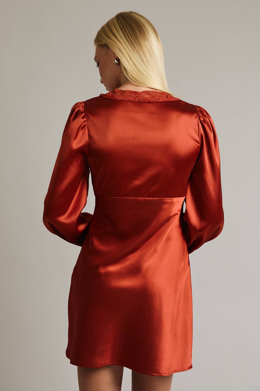 Burnt Orange Long Sleeve Satin Mini Dress with Late Trim and Bow