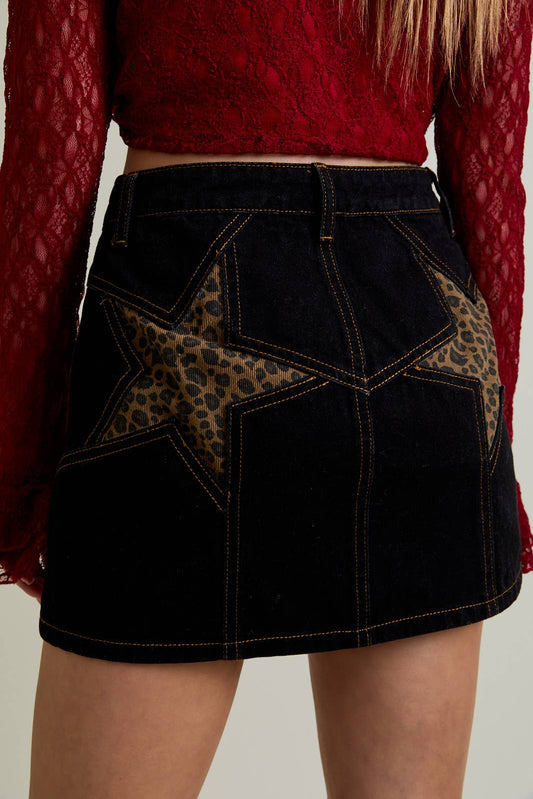 Black Denim Skirt with Leopard Stars