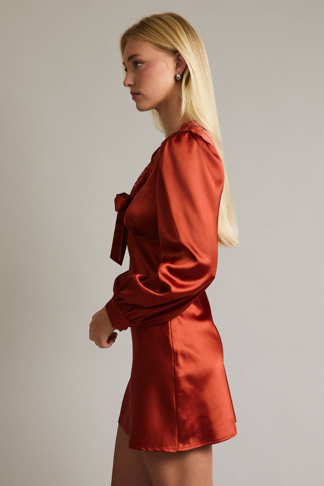 Burnt Orange Long Sleeve Satin Mini Dress with Late Trim and Bow