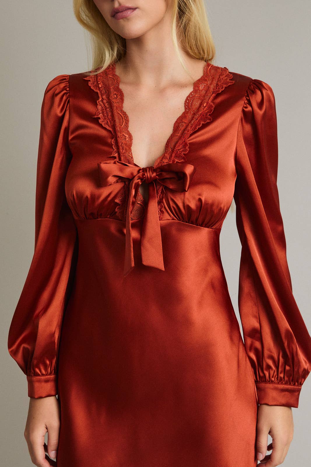 Burnt Orange Long Sleeve Satin Mini Dress with Late Trim and Bow