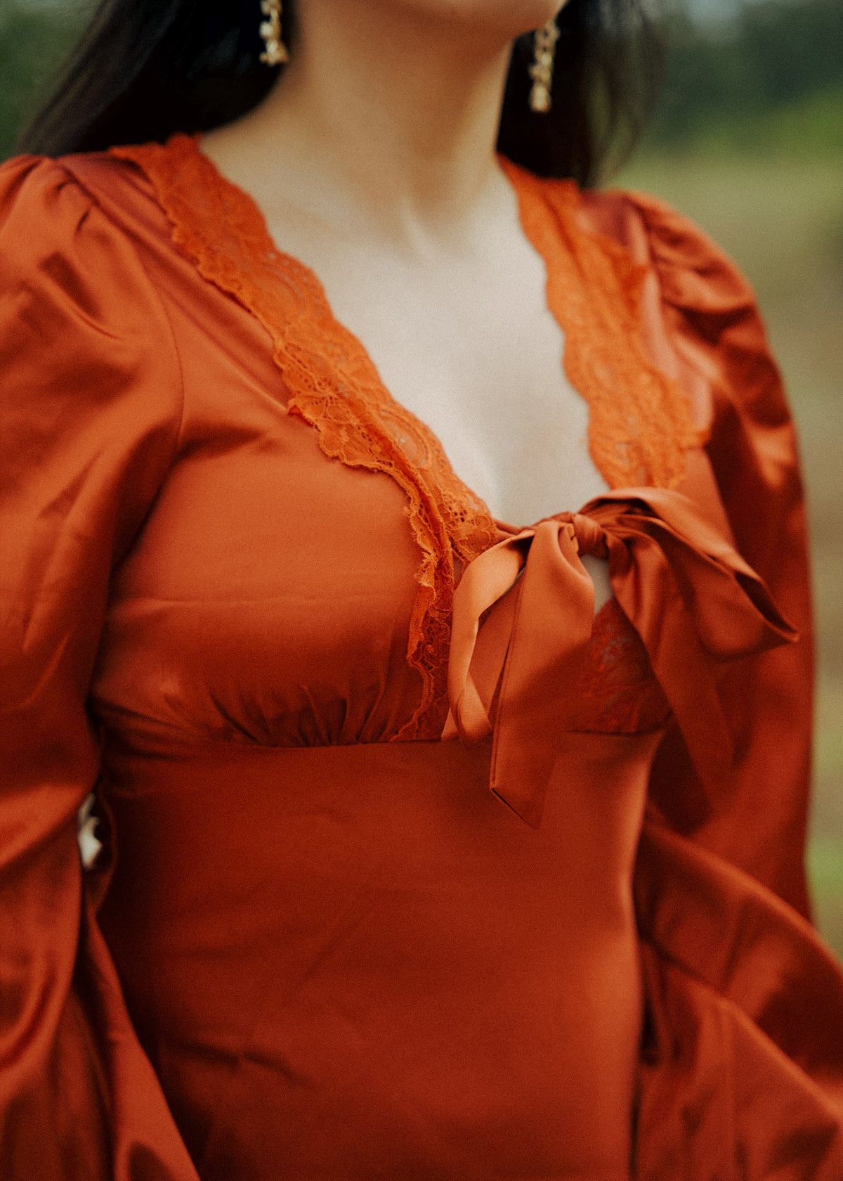 Burnt Orange Long Sleeve Satin Mini Dress with Late Trim and Bow