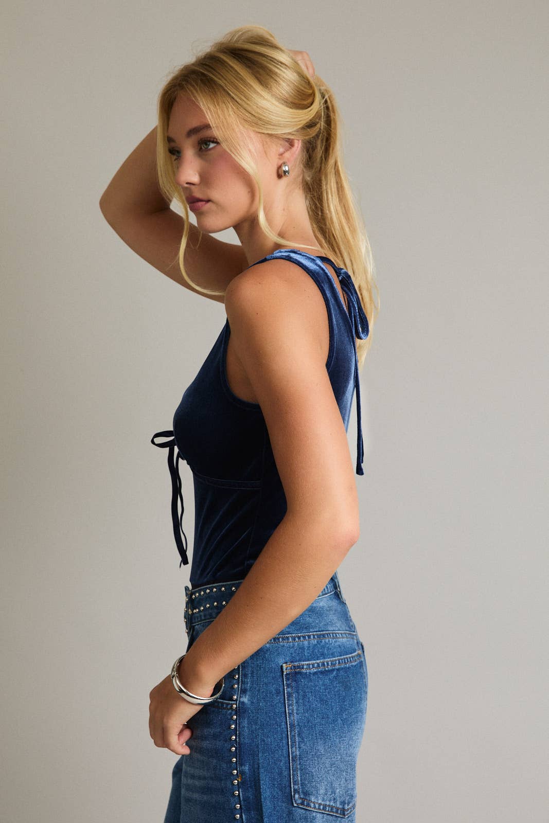 Navy Velvet Sleeveless Bodysuit