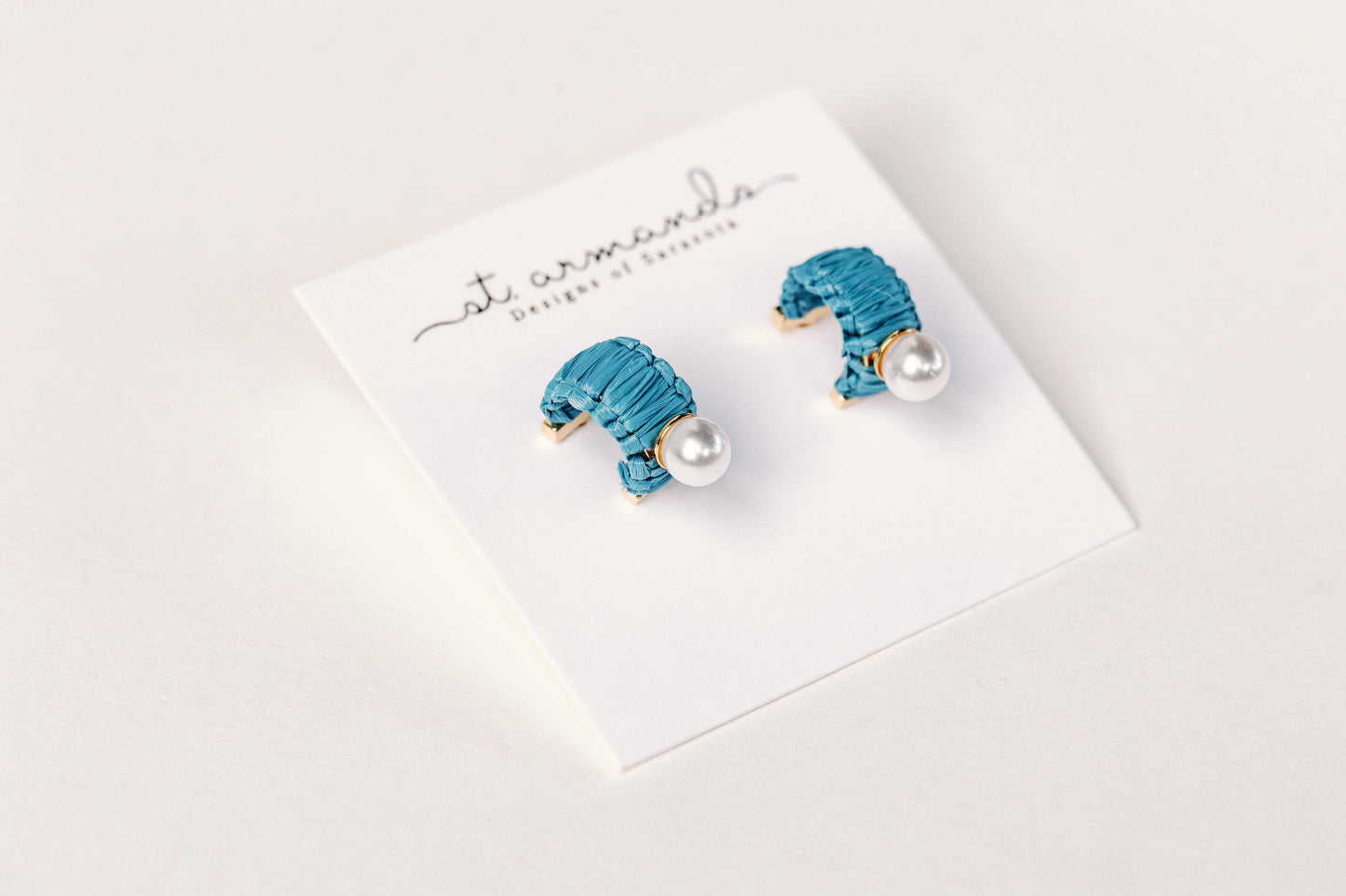 Mini Cornflower Blue Raffia and Pearl Huggie Hoop Earrings