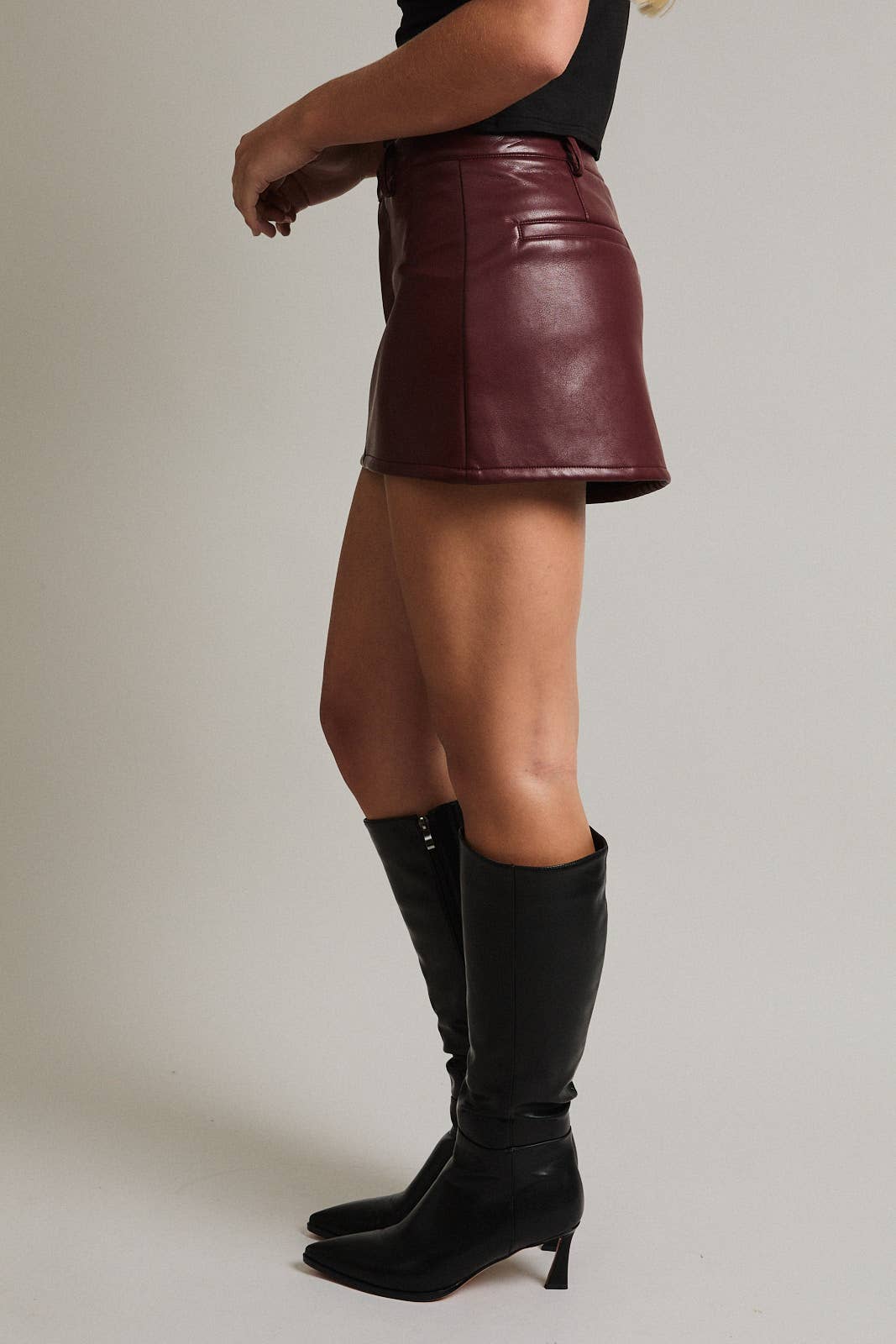 Burgundy Low Rise Leather Mini Skirt