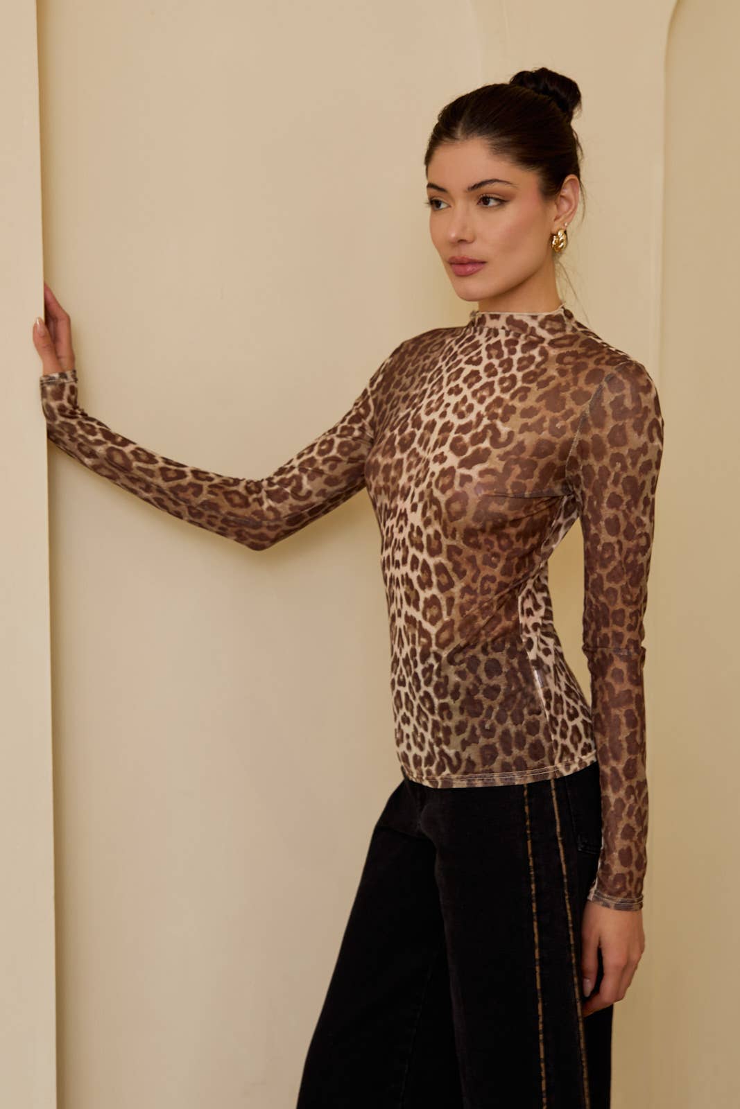 Leopard Print Mesh Long Sleeve Top