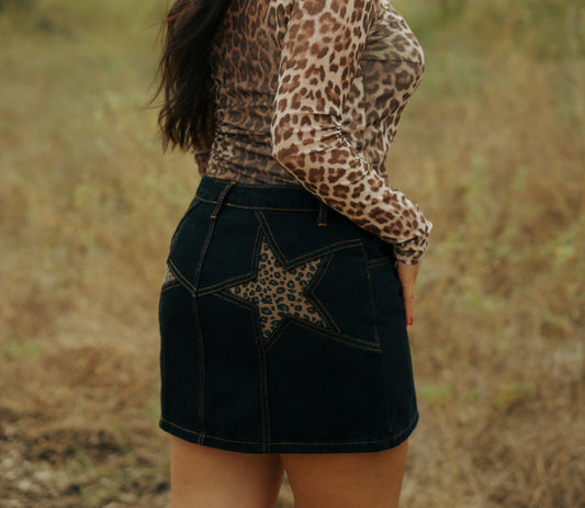 Black Denim Skirt with Leopard Stars