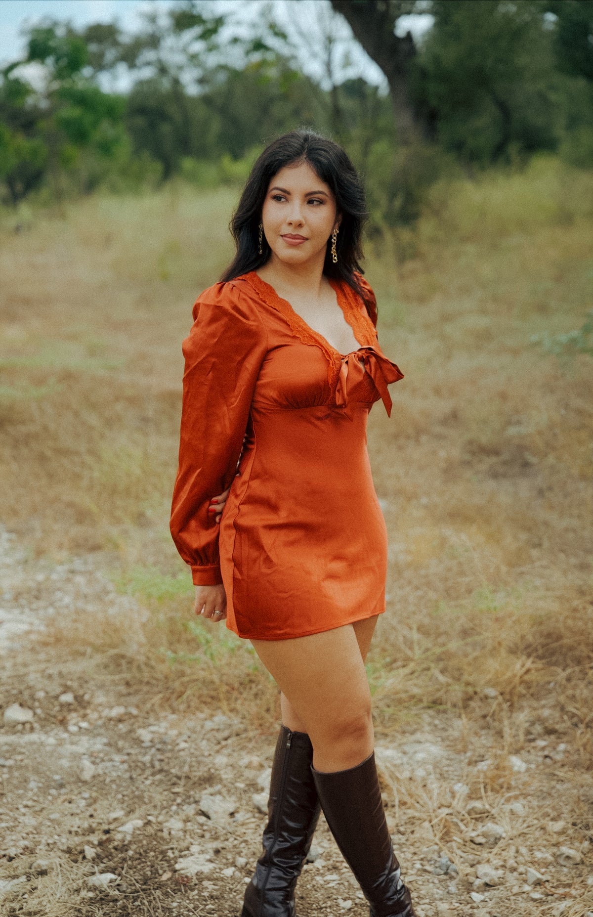 Burnt Orange Long Sleeve Satin Mini Dress with Late Trim and Bow