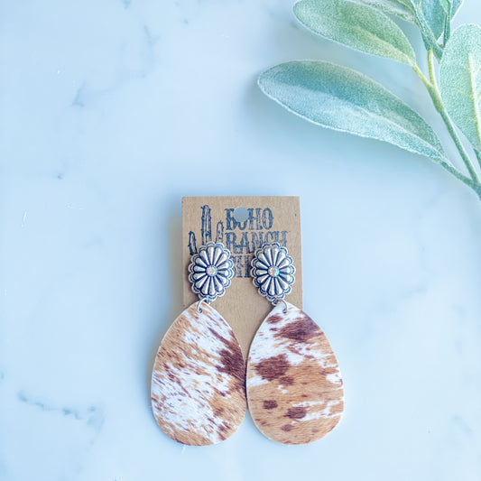 Cowhide Teardrop Concho Earrings