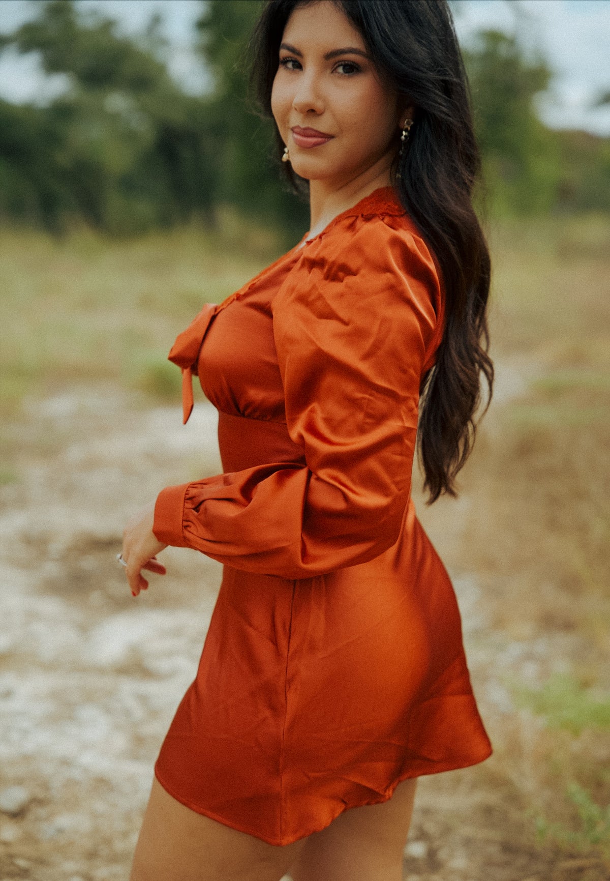 Burnt Orange Long Sleeve Satin Mini Dress with Late Trim and Bow
