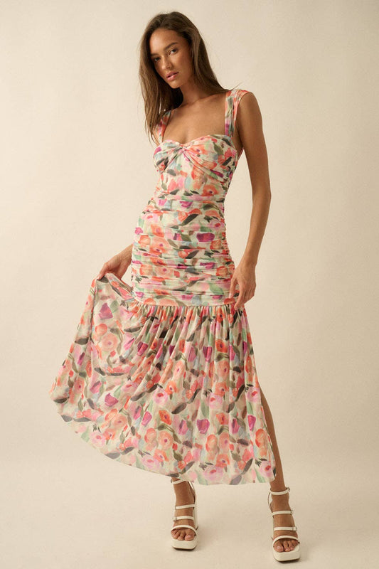 Floral Ruched Drop-Waist Dress