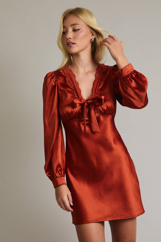 Burnt Orange Long Sleeve Satin Mini Dress with Late Trim and Bow
