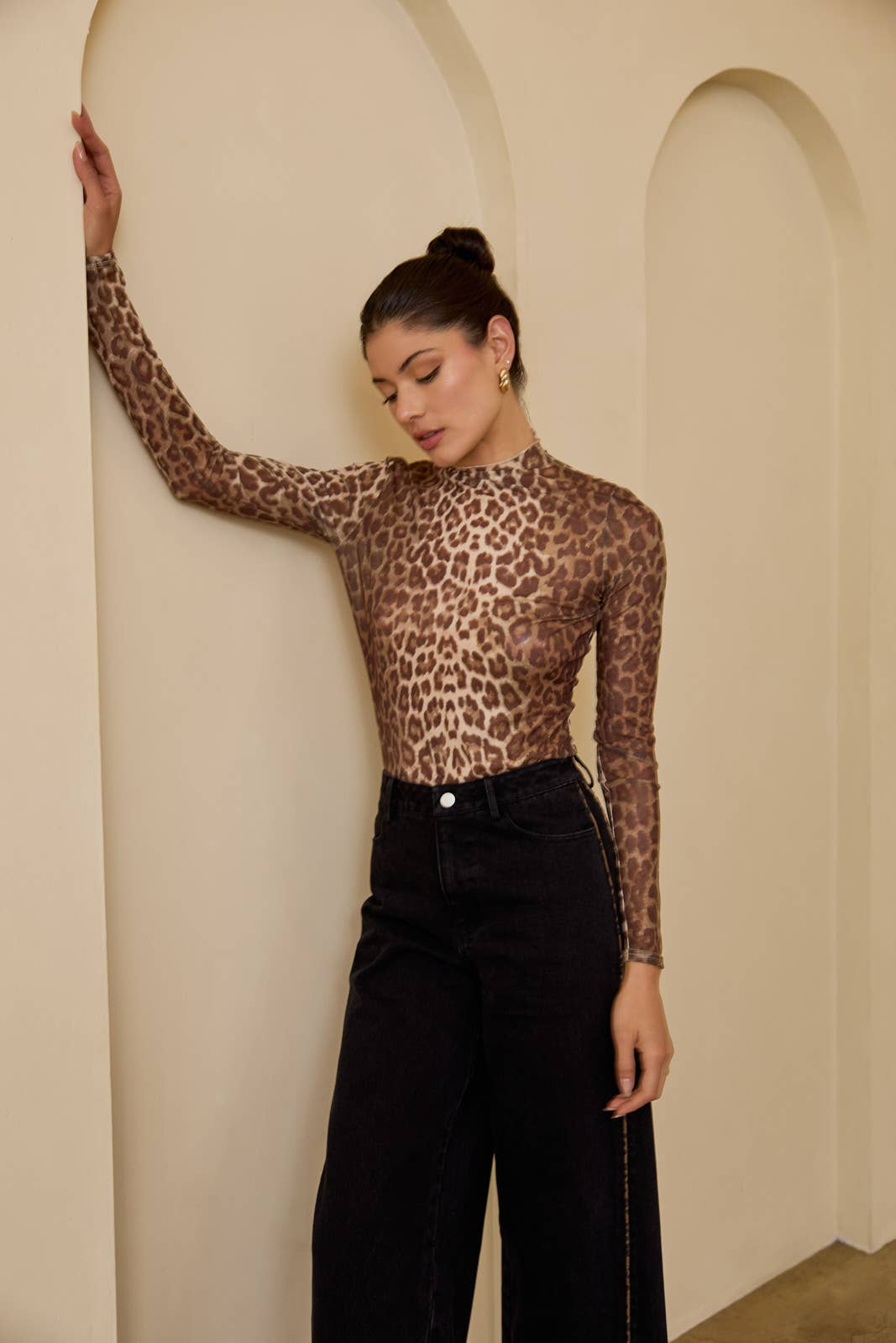 Leopard Print Mesh Long Sleeve Top