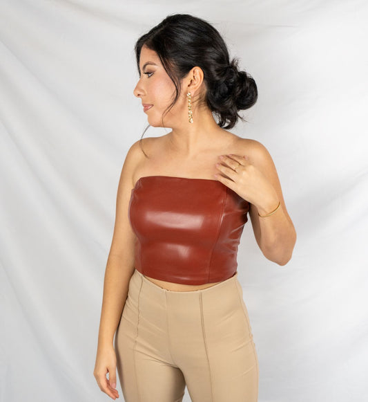 Brown Faux Leather Strapless Top