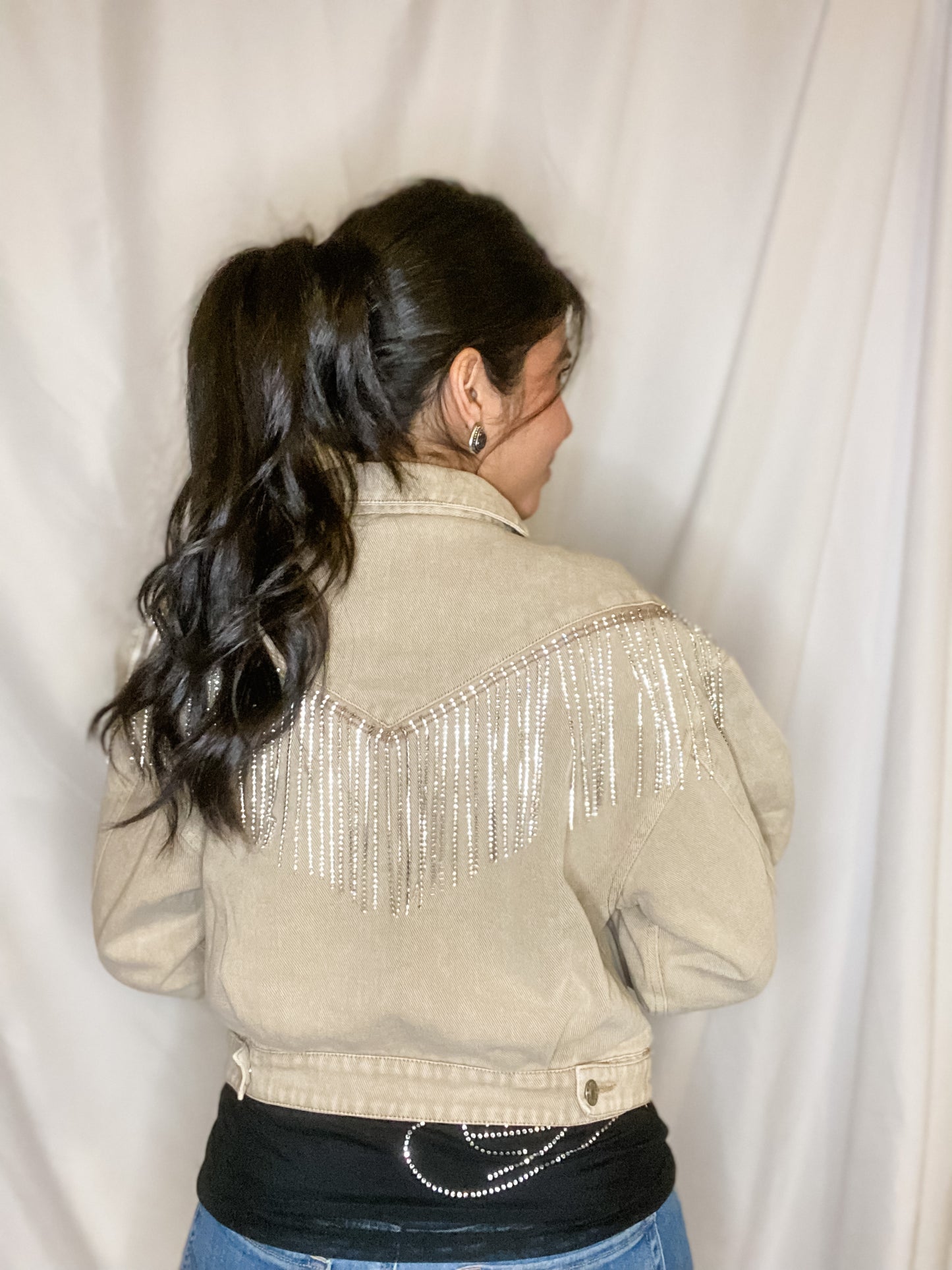 Denim & Rhinestones Jacket - Khaki