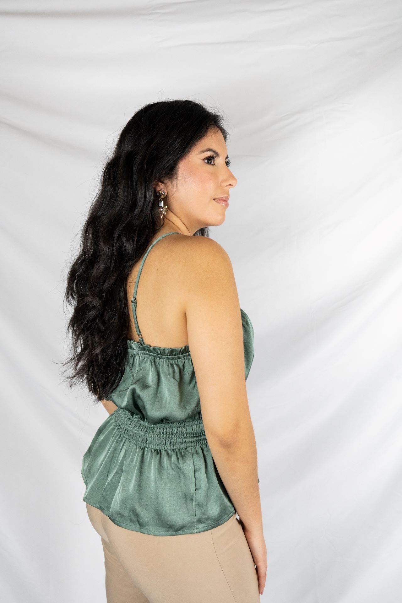 Satin Smocked Peplum Top Olive